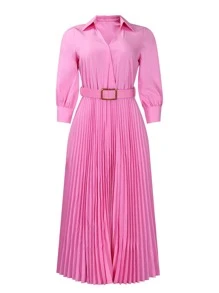 轻薄面料宽松纯色褶皱连衣裙，配腰带，复古风格女装，适合秋冬季节，优雅女士，返校节、婚礼、生日、教师装，粉色 - 粉色 - 查看 5