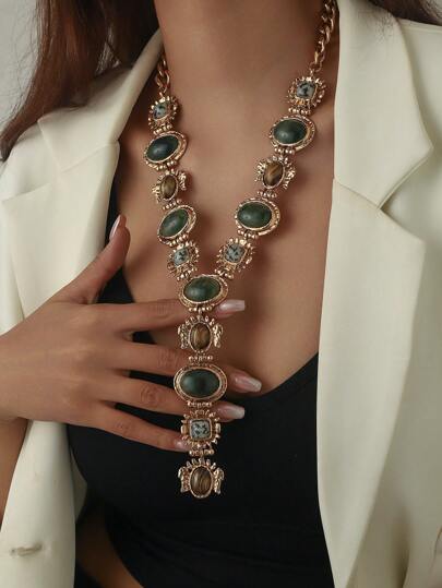 1 pieza Collar largo de borlas en forma de Y con piedras preciosas de imitación, estilo vintage y exagerado. Cadena de suéter geométrica dorada de estilo barroco recargado, elegante francés y de gran peso, adecuado para mujer en uso diario, banquetes y fiestas.