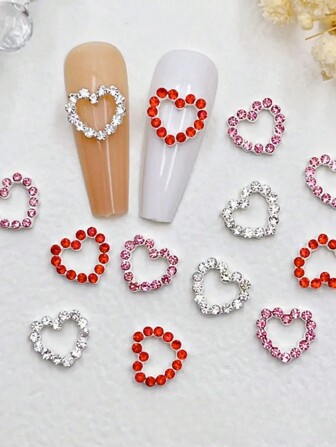 10 件随机颜色豪华合金水钻指甲配件镂空爱心指甲饰物首饰配件 DIY 情人节美甲装饰品