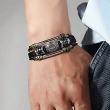 Fashionable PU Leather Bracelet, Vintage Decor - Casual Buckle Design, Suitable For Daily Wear - Black - View 2