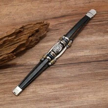 Fashionable PU Leather Bracelet, Vintage Decor - Casual Buckle Design, Suitable For Daily Wear - Black - View 4