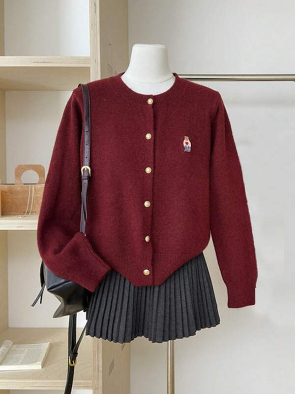 2024 Autumn Bear Embroidery Cardigan For Women, Casual Round Neck Single-Breasted Long Sleeve Knitted Sweater Coat