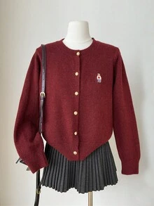 2024秋季女款小熊刺绣开衫休闲圆领单排扣长袖针织毛衣外套