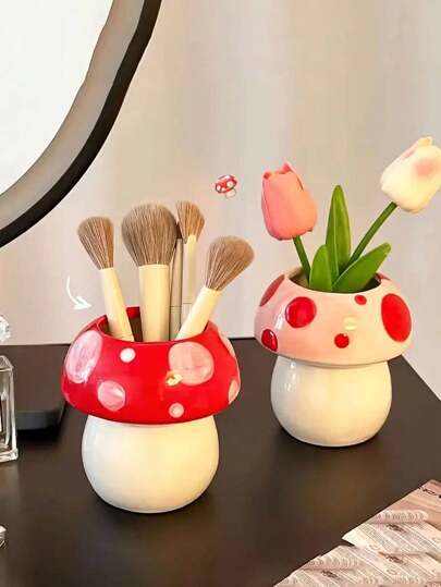 1pc Ceramic Mushroom Vase, Home Decor Flower Planter, Desktop Makeup Brush Holder, Stationery Organizer Box, Suitable For Makeup Brushes And Office Supplies Storage, Home Decorative Vase Gifts Birthday Graduation Back To School Room Decor School Supplies Flower Vase Glass Vase
