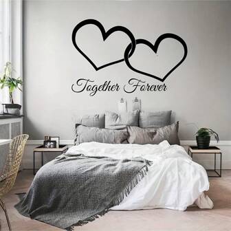 1pc Together Forever Quotes Wall Sticker, Valentine's Day 2 Large Love Shaped Wall Stickers Romantic Master Bedroom Room Decor Gifts Birthday Graduation Personalised Stickers School Decor School Surprise Dormitory Decor Back To School