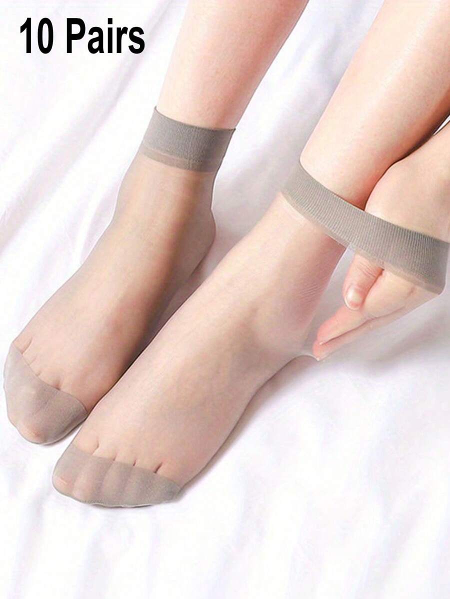 10 đôi tất ngắn trong suốt cho nữ, tất ngắn pha lê màu đen và màu da, mùa xuân/hè, tất ngắn thường ngày đa năng trong suốt - Xám - Xem 1