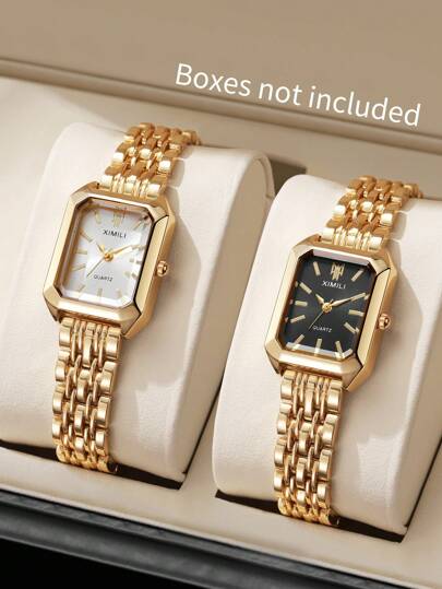 2pcs/Set Women's Luxury Slim Square Dial Steel Band Fashion Minimalist Quartz Wristwatch, Stylish & Elegant, No Watch Box Included