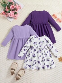 Baby Girls Floral Print Solid Color Ribbed Button Strap Dress 3pcs Set