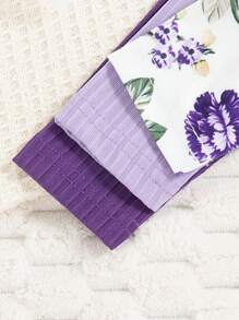 Baby Girls Floral Print Solid Color Ribbed Button Strap Dress 3pcs Set