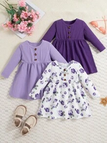 Baby Girls Floral Print Solid Color Ribbed Button Strap Dress 3pcs Set