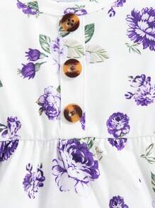 Baby Girls Floral Print Solid Color Ribbed Button Strap Dress 3pcs Set