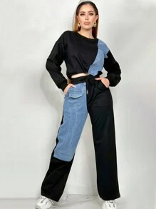 Damski Patchworkowy Casualowy Kombinezon Do Biegania, Poliestrowa Bluza Z Okrągłym Dekoltem I Kieszeniami, Dzianina, Nadaje Się Do Podróży, Domu, Sportu I Imprezy - Seria Jesień/Zima