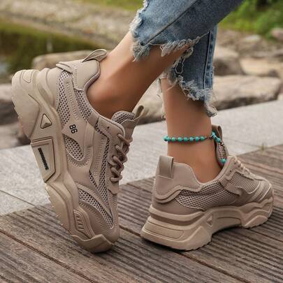 2024 New Women Sport Shoes Chunky Sneakers, Khaki Mesh Splice Casual Shoes Breathable, All Season