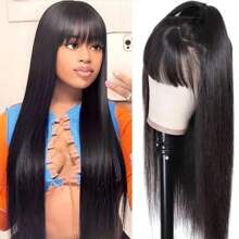 Straight Human Hair Wigs With Bangs For Women Full Machine Made Wigs 14-26 Inches Brazilian Virgin Human Hair Straight Wigs Natural Black Color 180% Density