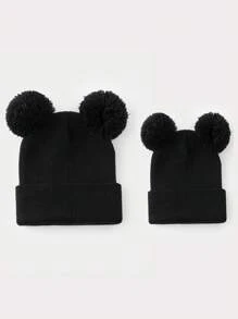 1 pieza Gorro de punto de unicolor y versátil con dos bolas, adecuado para outfits casuales de otoño/invierno de mujer