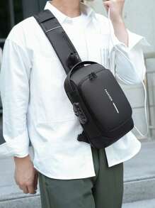 防盗密码锁男士胸包、时尚单肩包、户外背包、字母印花自行车腰带、街头时尚摩托车包、休闲运动斜挎包。多功能USB充电端口大容量密码锁防盗肩带包、零钱包手机包，适合青少年夏季休闲户外运动或度假旅行或毕业礼物或生日礼服配饰街头服饰 - 均碼 - 查看 3