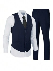 WindsorQuad Bộ vest nam 3 mảnh Furuyal, trang phục lịch lãm màu trơn dáng ôm dành cho quý ông, bao gồm áo gile, quần tây và cà vạt, phù hợp cho công việc, đám cưới, tiệc tùng, dạ hội và các dịp khác, màu xanh navy, cỡ XS-3XL, trang phục mùa thu. - Màu xanh hải quân - Xem 8