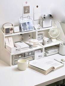 1pc 2-Tier Tabletop Display Shelf, Multi-Functional Desk Organizer For Cosmetics, Office & Dorm, Stationery Storage Box - White - View 6