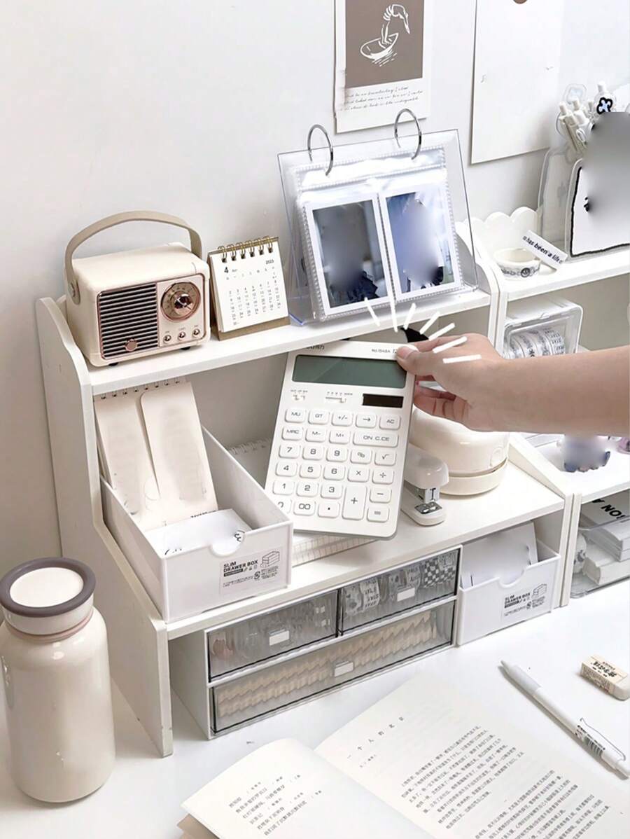 1pc 2-Tier Tabletop Display Shelf, Multi-Functional Desk Organizer For Cosmetics, Office & Dorm, Stationery Storage Box - White - View 1