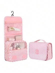 1pc Pink Striped Herringbone Thickened Wet & Dry Separable Hanging Toiletry Bag, Suitable For Travel & Business Trips Wash Bag Toiletry Travel Bag Makeup Storage Beach Beach Bag Vacation Holiday Essentials School Supplies Travel Essentials Ladies For College Dorm Bathroom Back To School Supplies - Watermelon Pink - View 2