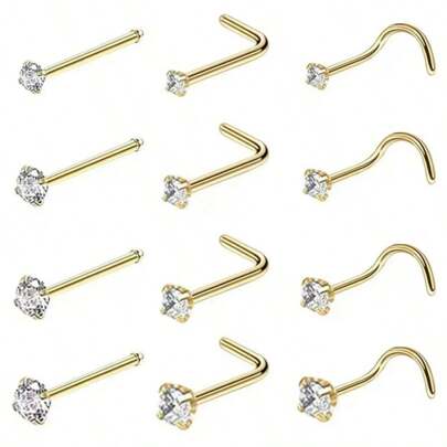 12pcs White Straight Nose Studs, Curved Nose Studs, S Shaped Nose Rings, Stainless Steel Nose Piercings With Rhinestones