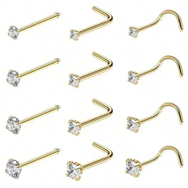 12 pezzi bianco dritto Borchie per naso , curvo Borchie per naso , a forma di S Anelli al naso , in acciaio inossidabile naso piercing con strass