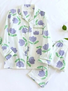 Tulip Floral Print Pajama Coordinates - White - View 1