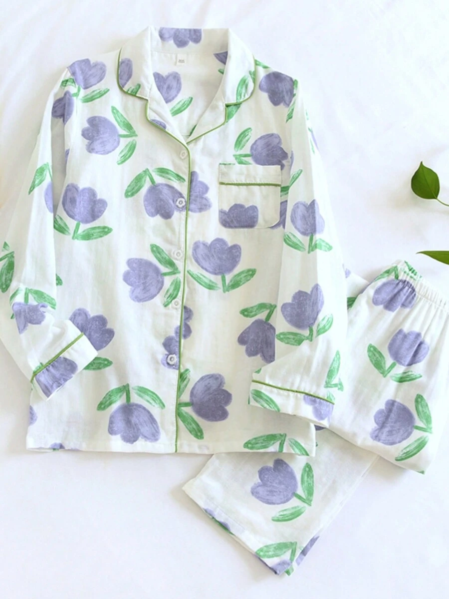 Tulip Floral Print Pajama Coordinates - White - View 1