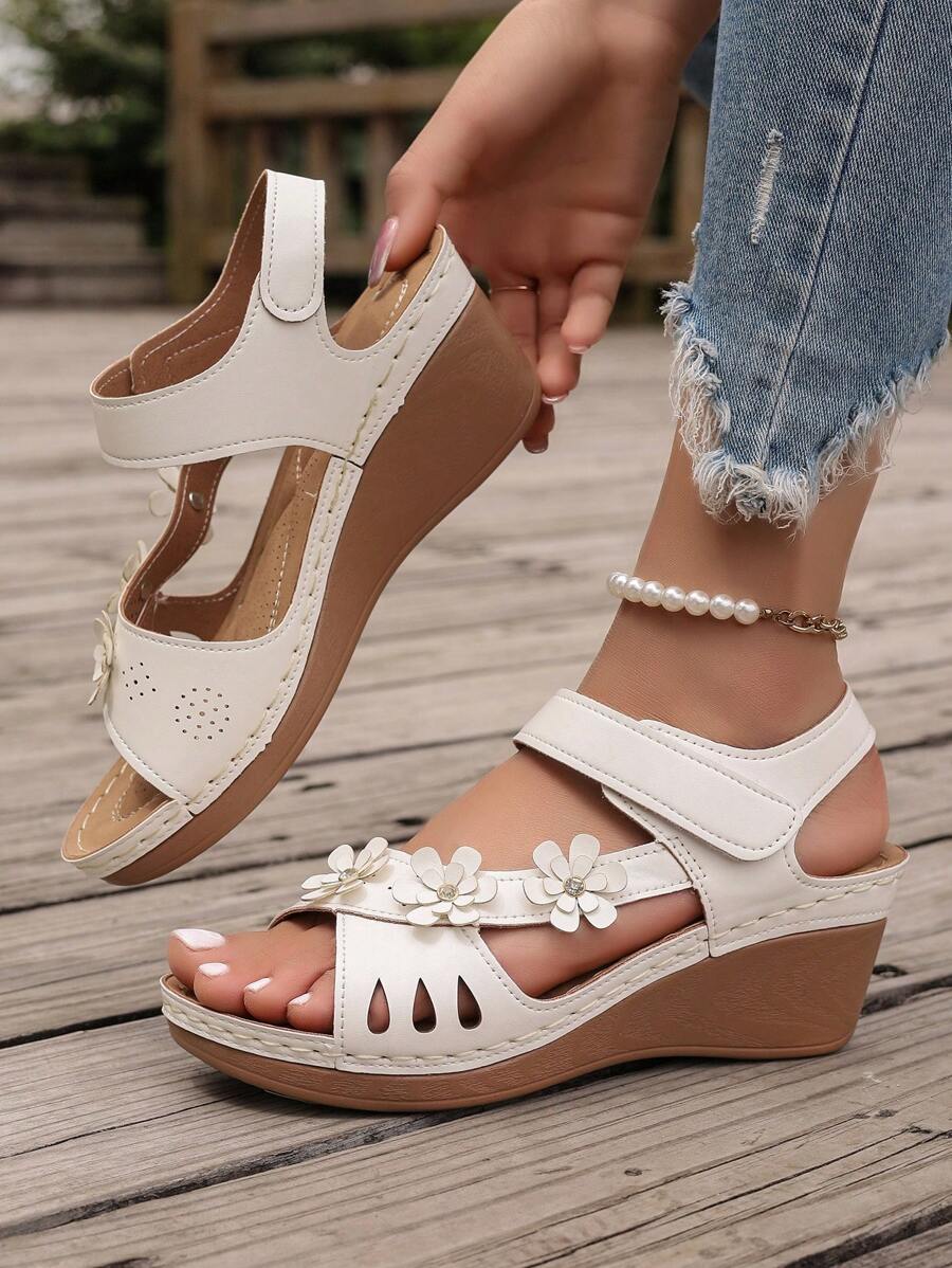 3D Floral Rhinestone Wedge Platform Sandals, Hollow Strap Hook-And-Loop Ankle Strap Vacation Casual Elegant Stitching Women Shoes, Spring/Summer