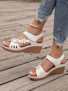 3D Floral Rhinestone Wedge Platform Sandals, Hollow Strap Hook-And-Loop Ankle Strap Vacation Casual Elegant Stitching Women Shoes, Spring/Summer