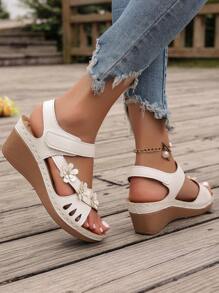 3D Floral Rhinestone Wedge Platform Sandals, Hollow Strap Hook-And-Loop Ankle Strap Vacation Casual Elegant Stitching Women Shoes, Spring/Summer