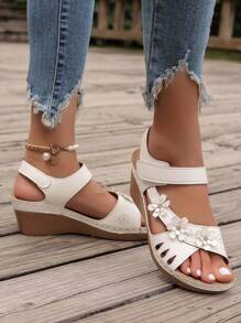 3D Floral Rhinestone Wedge Platform Sandals, Hollow Strap Hook-And-Loop Ankle Strap Vacation Casual Elegant Stitching Women Shoes, Spring/Summer