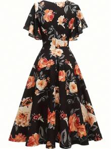 Plus Size Women Floral Print Flowy Sleeve Dress, Casual V Neck Waist Cinched Dress, Women Apparel