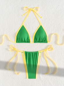 纯色罗纹针织吊带露背系带比基尼上衣和侧系带比基尼下装，适合夏季海滩度假 - 綠色 - 查看 2