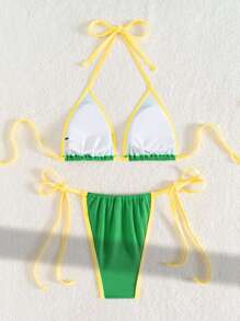 Top bikini con incrocio sulla schiena a costine semplici e slip bikini con lacci laterali, adatto per vacanze estive in spiaggia
