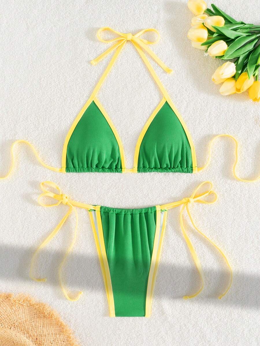 纯色罗纹针织吊带露背系带比基尼上衣和侧系带比基尼下装，适合夏季海滩度假 - 綠色 - 查看 1