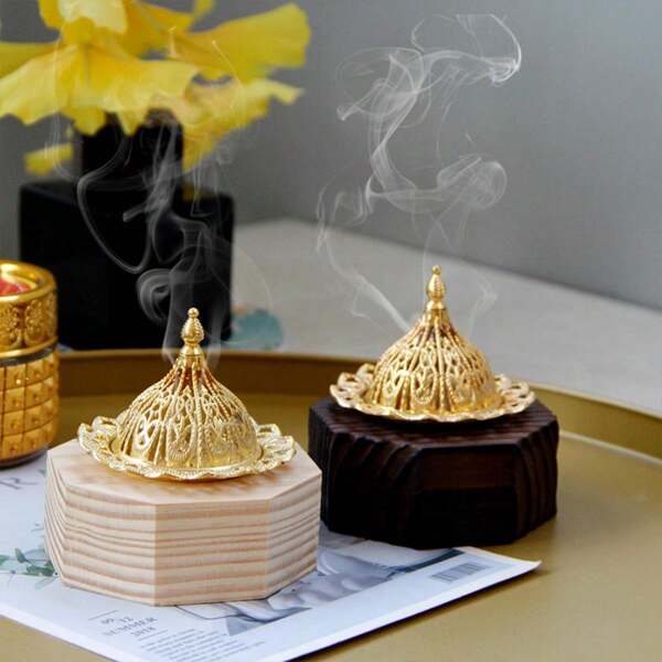 1pc Creative Octagonal Gold Metal Hollow Wooden Incense Burner, Ramadan Incense Burn Natural/Black Wooden Candle Holder Base, Home Decor For Bedroom, Living Room, Kitchen, Bathroom, Dining Room, Suitable For Ramadan, Valentine's Day And Other Holidays
