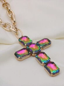 Retro Oversized Pearl Necklace With Big Glass Cross Pendant, Fashion Jewelry For Women, Christmas Gift
