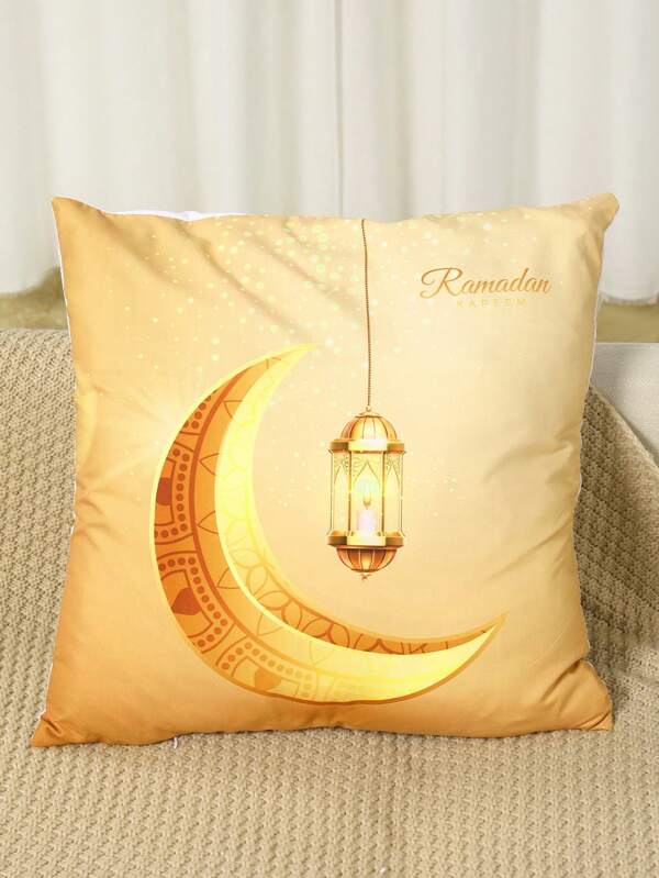 1pc Eid Mubarak Pillowcase, Ramadan Kareem, Moon Lantern Pattern Printed Pillowcase, Ramadan Decor Pillow Covers For Living Room & Bedroom, Home Decor Throw Pillow Case Pink Style 17.72Inches Without Pillow Core,EID Al-Adha