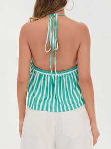 Women Halter Neck Tops Summer Striped Print Bandage Backless Shirts Vest - Green - View 5