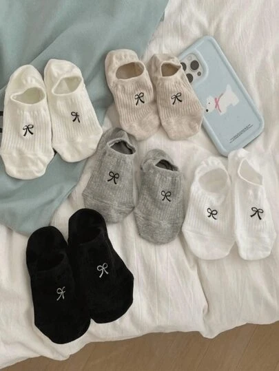 5 双女士甜美蝴蝶结简约船袜隐形袜子