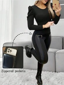 Women's Solid High Waist Pants, Daily Casual Wear Patchwork Faux Leather Leggings With Zipper Pockets, Women's Clothing - Black - View 9
