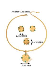 1 set elegant din aliaj de cupru, de epocă, placat cu aur, cu incrustație de strasuri, cercei cu pandantiv, inel, colier, set de bijuterii, potrivit pentru ținuta zilnică a femeilor și cadou de sărbători