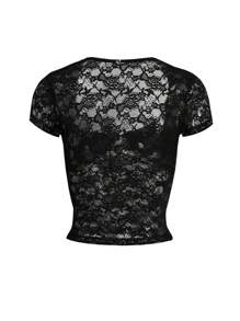 Vaiaye Women's Sexy Lace Waist Fitted Christmas Short Sleeve Knit Top, Spring - Black - View 4