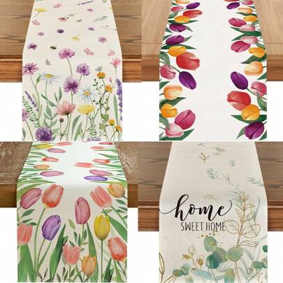 Aquarel Tulp Lente Tafelloper, Madelief Lavendel Lente Tafelkleed, Bloemendecoratie Landhuis Tafeldecoratie, Geschikt Voor Keuken Eetkamer, Binnen & Buiten Dinerfeest Decoratie