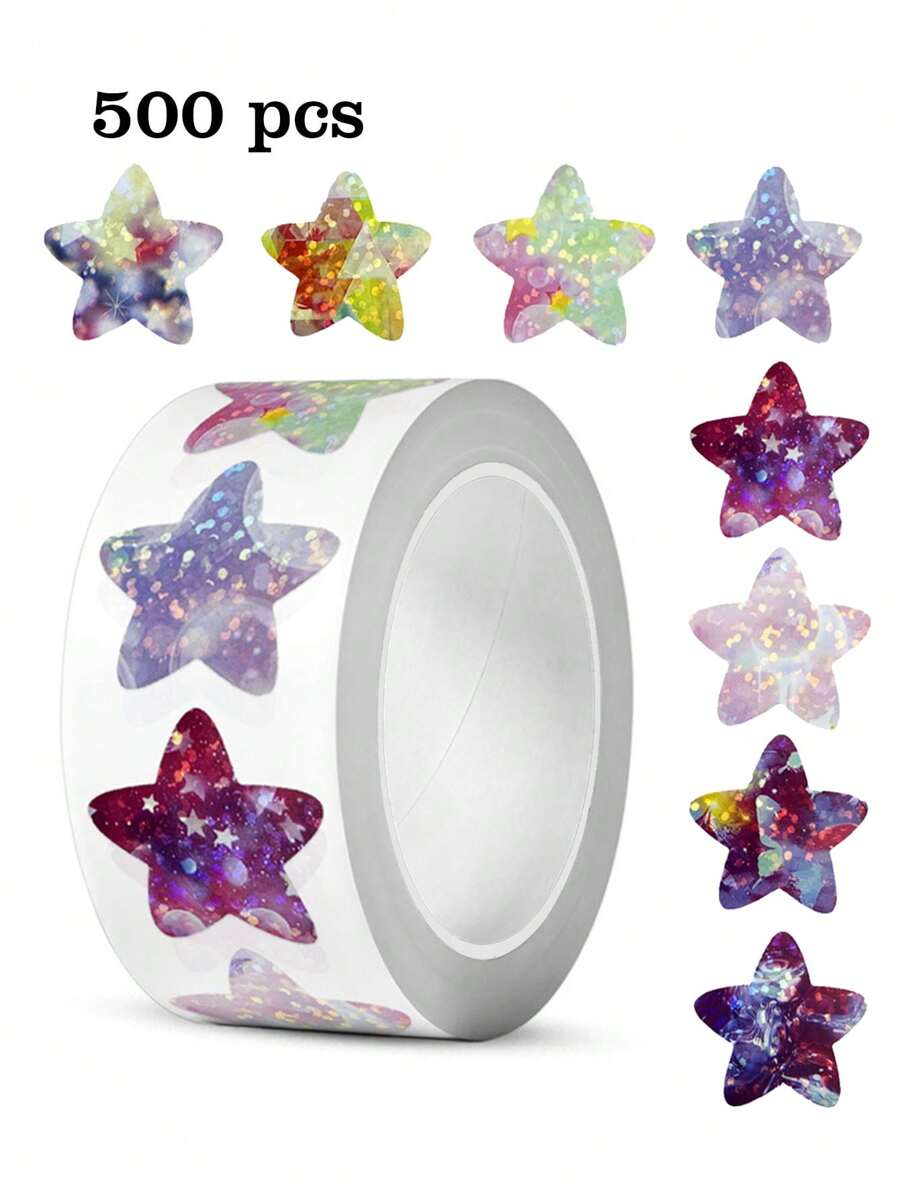 500pcs/Roll Dreamy Purple Pentagram Stickers, Colorful Shiny Round Corner Star Sticker For Rewards, Decorations, Party Gifts, Envelope Sealing, Packaging,School Supplies,Back To School - Multicolor - View 1