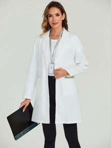 Women's Solid Color Lab Coat With Shirt Collar And Single-Breasted Closure, Long Sleeve