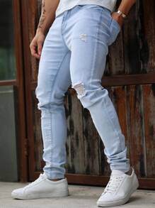 Men's Elastic Faded Distressed Light Wash Denim Jeans - Light Wash - View 1