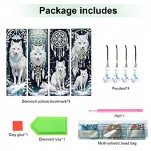 4 Stücke DIY Diamantmalerei Lesezeichen Sets - Traumfänger Weißer Wolf Design, handgefertigtes Diamantkunst Lesezeichen Set für Buchliebhaber, einzigartiges Geschenkidee