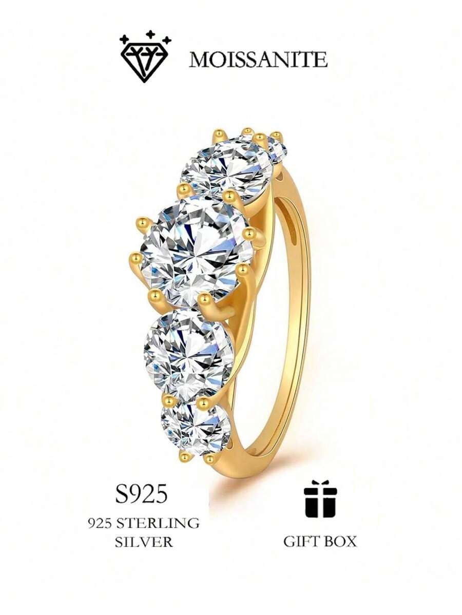 1 件 925 纯银 5ct 奢华莫桑石 5 石女士戒指，防过敏优雅珠宝，适用于求婚、婚礼、周年纪念、生日、仪式 - 附有莫桑石证书和奢华礼品盒